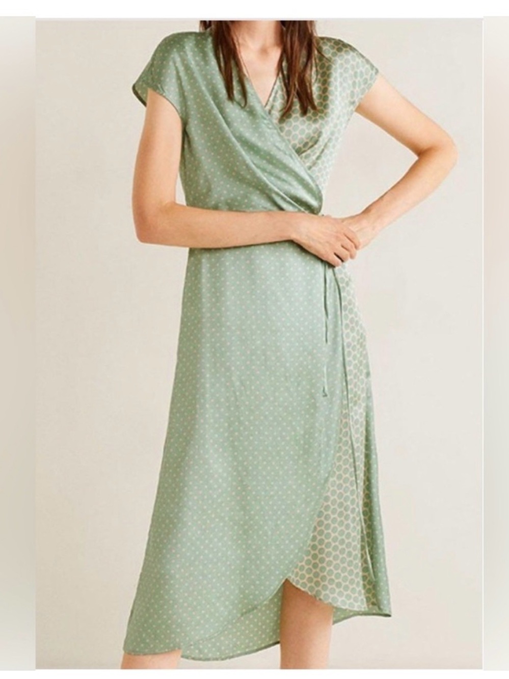 Mango MNG SUIT Sage Green Polka Dot Wrap Midi Dress Size 8 (Large)